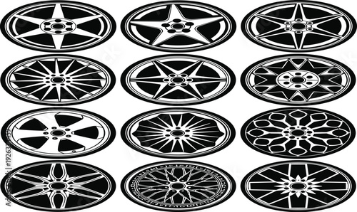 Collection of twenty black and white car wheel rim designs featuring diverse spoke patterns, geometric styles, and automotive customization themes