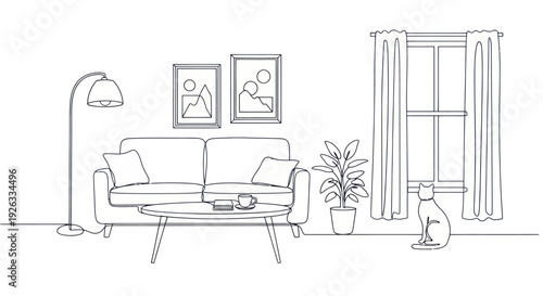 Continuous line drawing of a cozy living room interior with a sofa, lamp, and cat.