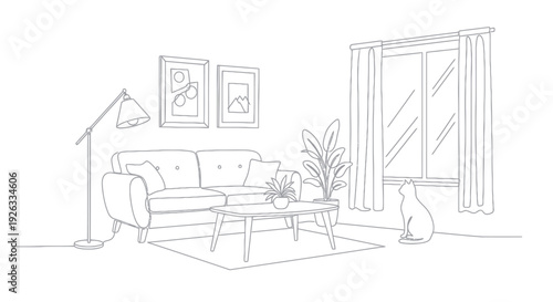 Cozy Living Room Scene with a Cat Enjoying the View.