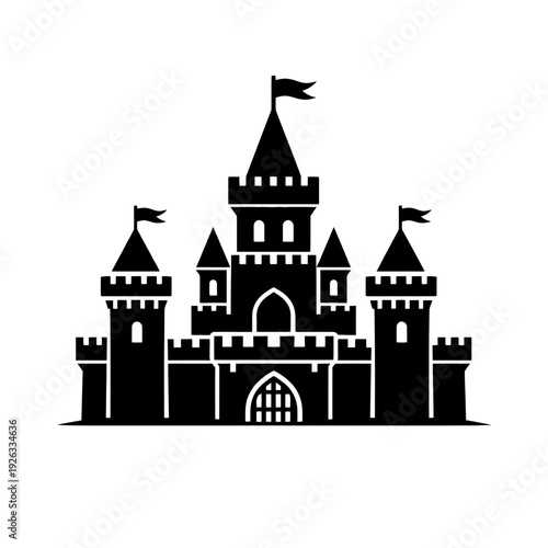 Majestic black silhouette castle icon, perfect for fantasy, medieval, and fairy tale themes. A royal fortress emblem with towering turrets, battlements, and flags, symbolizing ancient history and nobl