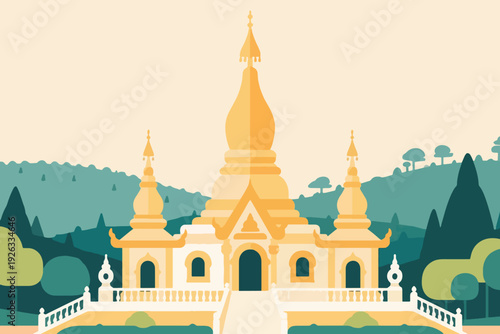 Illustration Of A Magnificent Temple Building In The Middle Of Hills, And Green Trees Around It Vector Design Template