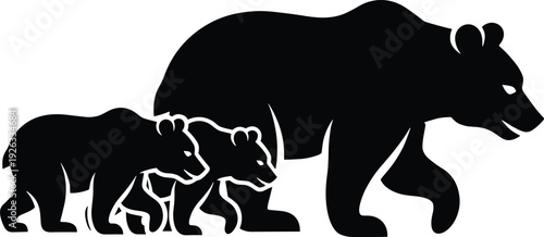 Black vector silhouette of a large grizzly mother bear walking alongside her two small cubs for forest wildlife nature conservation and animal family branding
