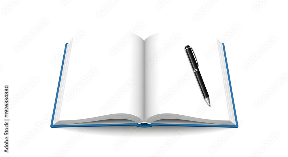 Fototapeta premium An open notebook with blank pages and a black pen resting on it