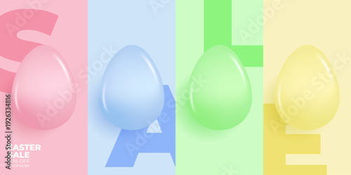 Easter Sale commercial banner with cute glossy Easter Eggs for Easter holiday shopping promotion and sale advertising. Vector illustration.