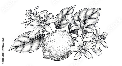 Detailed botanical illustration of a lemon fruit with blossoms and leaves.