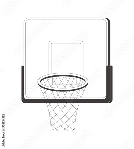 Basketball hoop with net and backboard 2D line object. Sports equipment. Game goal. Training court. Outdoor play. Youth activity isolated clipart vector ink outline item. Monochrome spot illustration