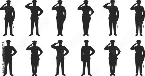 Police officer saluting silhouette set, uniformed security guard standing pose flat vector illustration isolated collection design