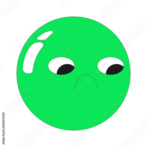 Funky sad green emoji face 2D cartoon character. Circular unhappy expression with drooping eyes. Downcast look. Upset emoticon flat vector personage isolated on white. Spot illustration colorful