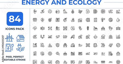Energy and Sustainability Outline Vector Icon Set — Renewable Power Ecology EV Charging and Green Technology Editable Stroke Icons for App UI