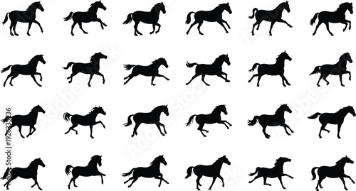 Running horse silhouette collection, galloping stallion black vector illustration set isolated on white background for equestrian design