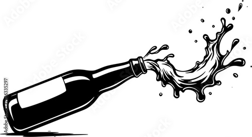 Minimalist Sumi-e style illustration of a beer bottle with splash