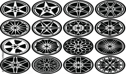 Collection of twenty black and white car wheel rim designs featuring diverse spoke patterns, geometric styles, and automotive customization themes