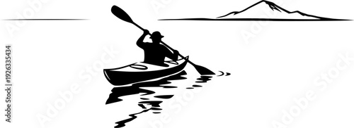 Serene kayaking adventure in sumi-e style minimalist 