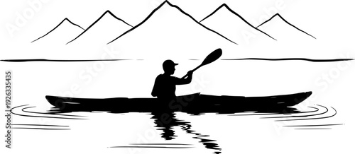 Serene kayaking adventure in sumi-e style minimalist 
