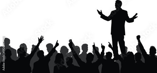 Black vector silhouette of a motivational public speaker addressing a large cheering audience with raised hands for business conference leadership and political rally branding