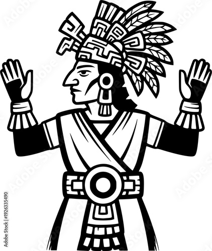 Stylized Mayan figure in ceremonial attire with minimalist brush 