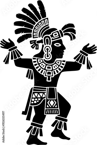 Stylized Mayan figure in ceremonial attire with minimalist brush 