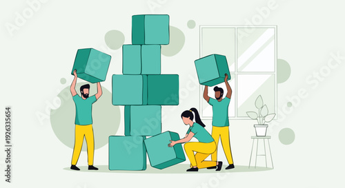 Team building a tower of green boxes vector illustration. Three diverse people collaborating to stack square blocks in a flat, modern style.