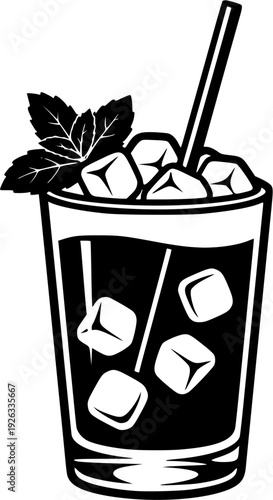  Artistic rendition of a refreshing mint julep beverage in monochrome