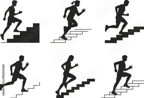 Running people on stairs silhouettes set, fitness training cardio workout flat vector illustration isolated collection design