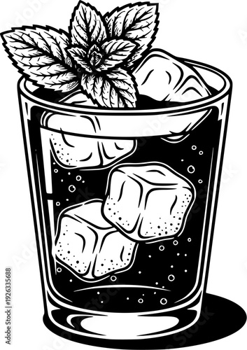  Artistic rendition of a refreshing mint julep beverage in monochrome