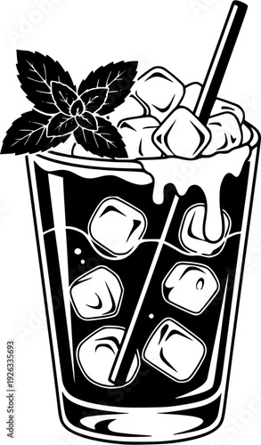  Artistic rendition of a refreshing mint julep beverage in monochrome