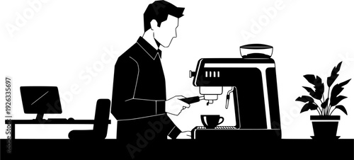 Monochrome illustration of a man crafting coffee at an office