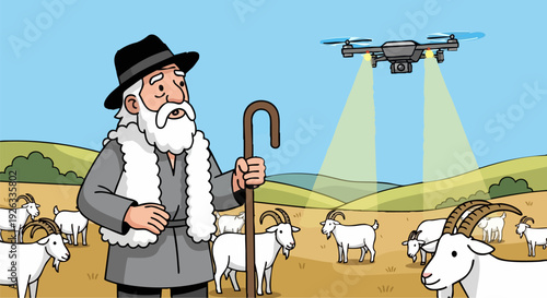 Modern shepherd with drone herding goats in a field vector illustration