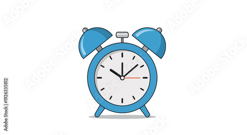 A simple blue alarm clock with a white face and black hands, indicating time and an alarm setting, on a clean white background.