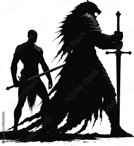 Black vector silhouette of a powerful fantasy knight with a large sword and a muscular warrior standing for epic adventure gaming and mythology branding