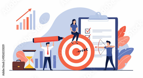 Business strategy and goal setting vector illustration. Includes target, archery, checklist, hourglass, briefcase, and growth chart symbols. Created in flat cartoon style with blue and orange