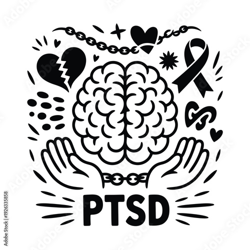 Post traumatic stress disorder ptsd mental health concept with brain and chains