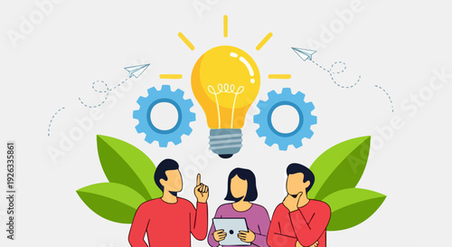 Business idea generation and teamwork vector illustration. Three people collaborate under a glowing lightbulb with gears and paper planes, symbolizing innovation and strategy.