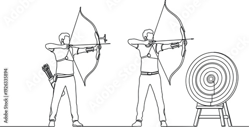 Archers Aiming at Target Outline Illustration Archery Training and Competition Scene with Bow Arrow Shooting Vector Design