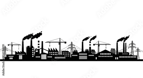 Industrial cityscape silhouette depicting factories, cranes, and smokestacks against a white backdrop.