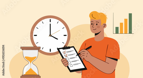 Man completing checklist with clock and hourglass for time management and productivity concept