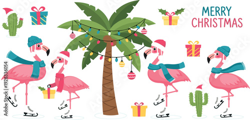 Christmas Flamingo Winter Set with Palm Tree Gifts Ice Skating Tropical Holiday Characters Flat Vector Illustration Collection
