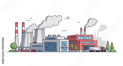 Industrial complex illustration depicting factories, chimneys, and environmental pollution.