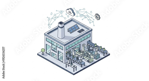 Modern Factory Building with People Outside.