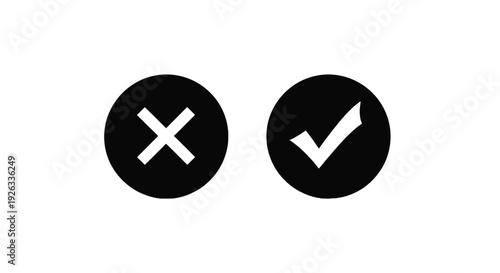 Simple black and white paper cutouts illustrating a stark contrast between a rejection cross mark and an acceptance check mark symbol