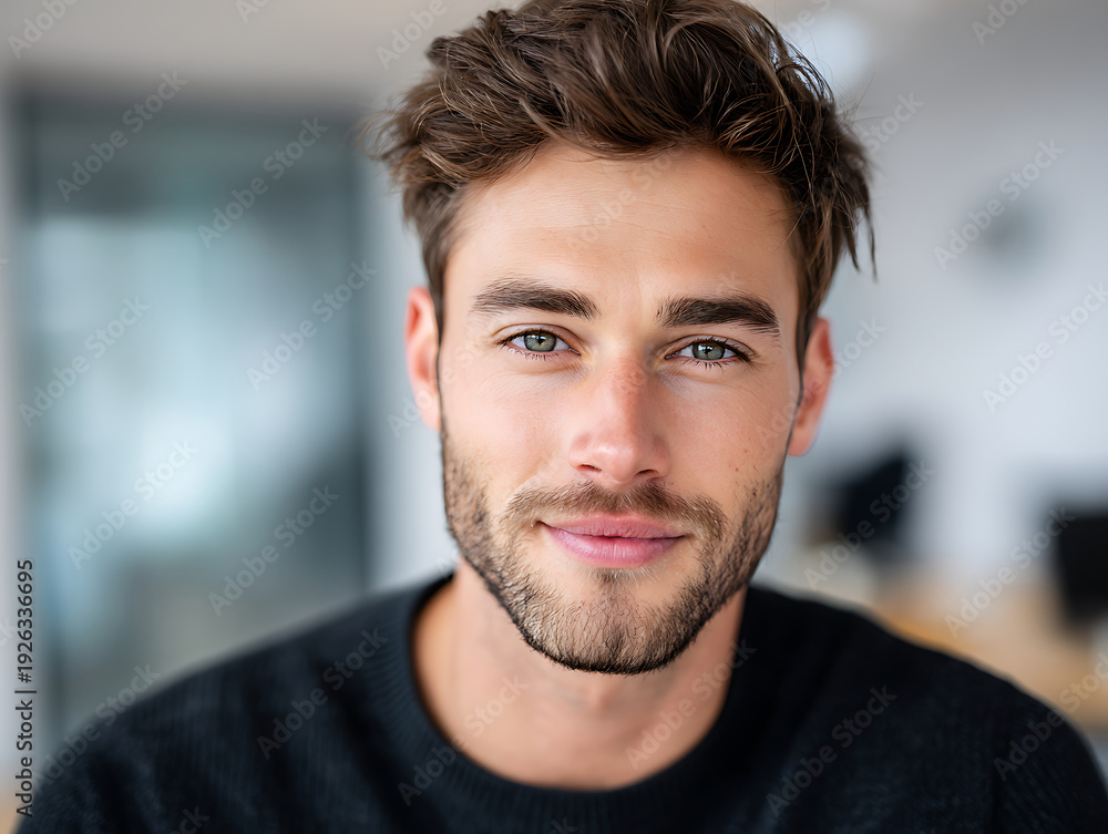 Obraz premium Young Man With Beard and Light Eyes Smiles While Sitting in a Modern Office Space During the Day