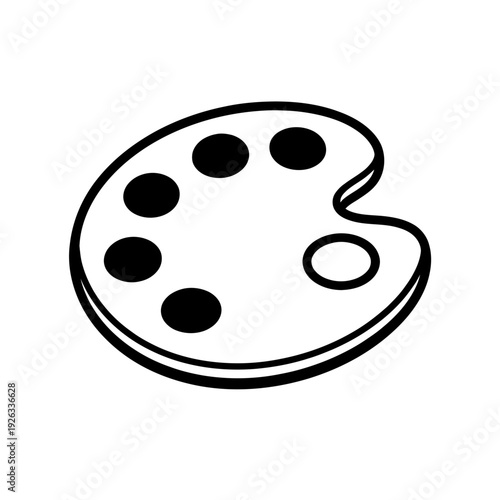 Black and white line art vector icon of an artist's palette, a classic tool with paint wells and thumbhole. Perfect for art, creativity, painting, drawing, design, illustration, education, crafts, gra