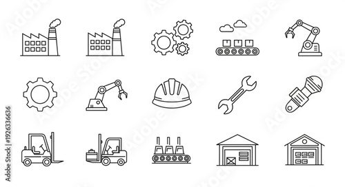 Industrial factory and manufacturing process icons in a line art style.