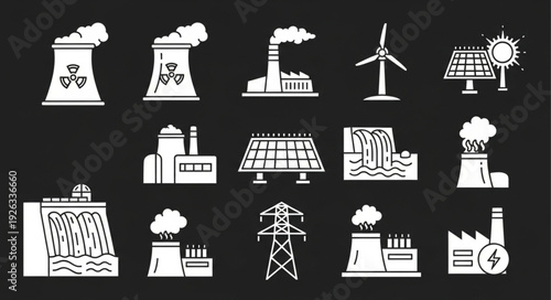 Various energy production methods and power generation icons on black background.