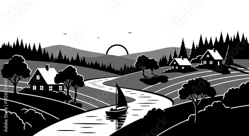 Vector illustration of a vineyard landscape in autumn featuring a London city skyline with iconic architecture and historic landmark silhouettes