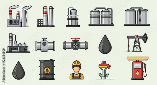 Oil and Gas Industry Icons - Factories, Tanks, and Equipment Depicted.