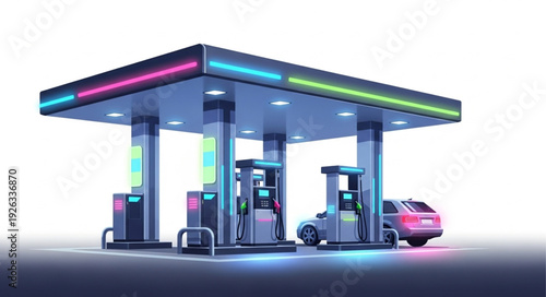 Modern Gas Station with Neon Lights.