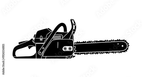 A powerful electric chainsaw tool with a sharp blade isolated on a white background for industrial wood cutting and professional lumberjack construction work