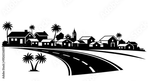 Vector illustration of a tropical resort city featuring palm tree silhouettes and summer vacation houses along a sunny coastal beach landscape