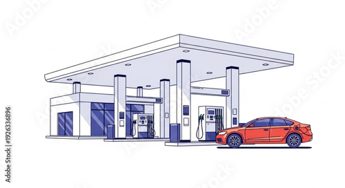 Modern Gas Station with Red Car.
